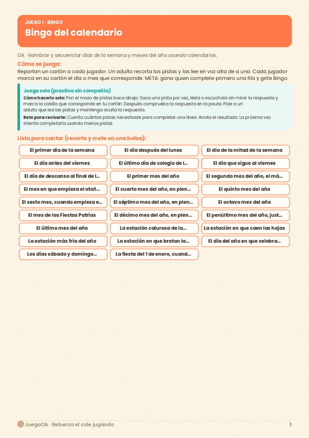 Bingo del calendario