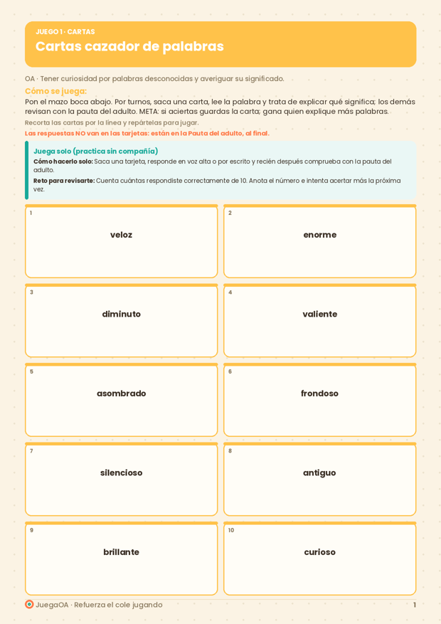 Cartas cazador de palabras