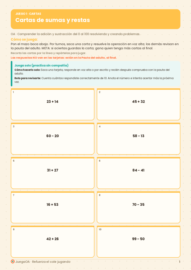 Cartas de sumas y restas