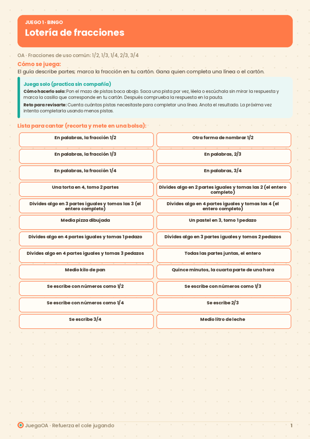 Ejemplo: Lotería de fracciones, 3° básico
