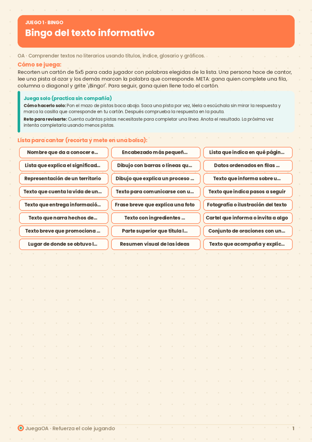 Bingo del texto informativo