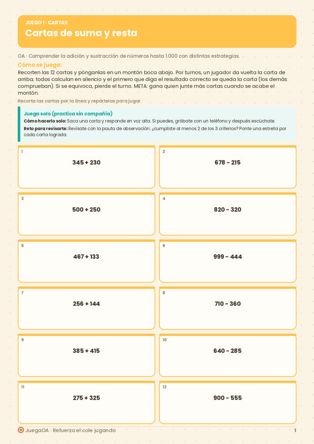 Cartas de suma y resta