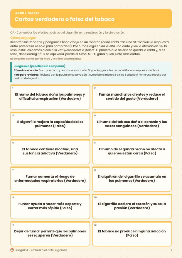 Cartas verdadero o falso del tabaco