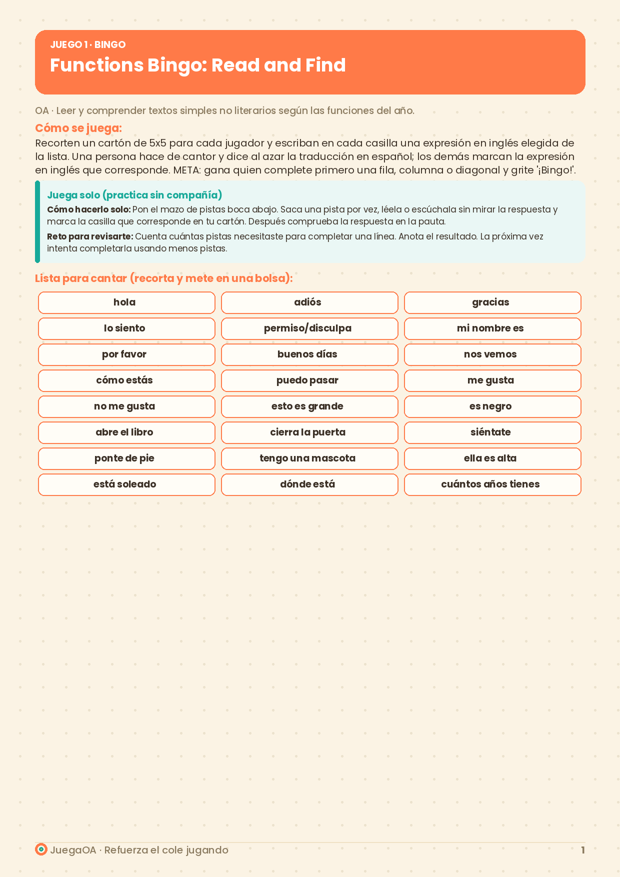 Functions Bingo: Read and Find