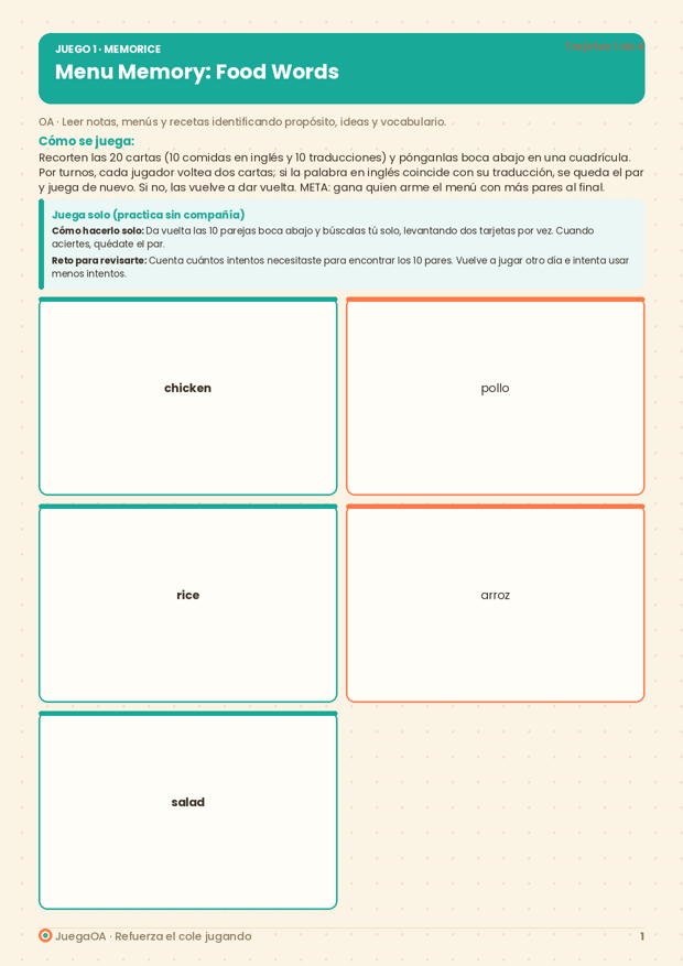 Menu Memory: Food Words