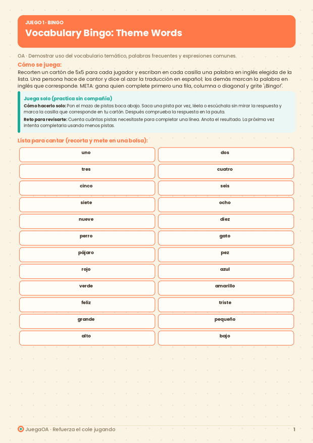 Vocabulary Bingo: Theme Words