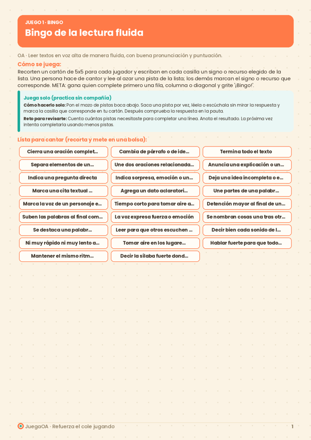 Bingo de la lectura fluida