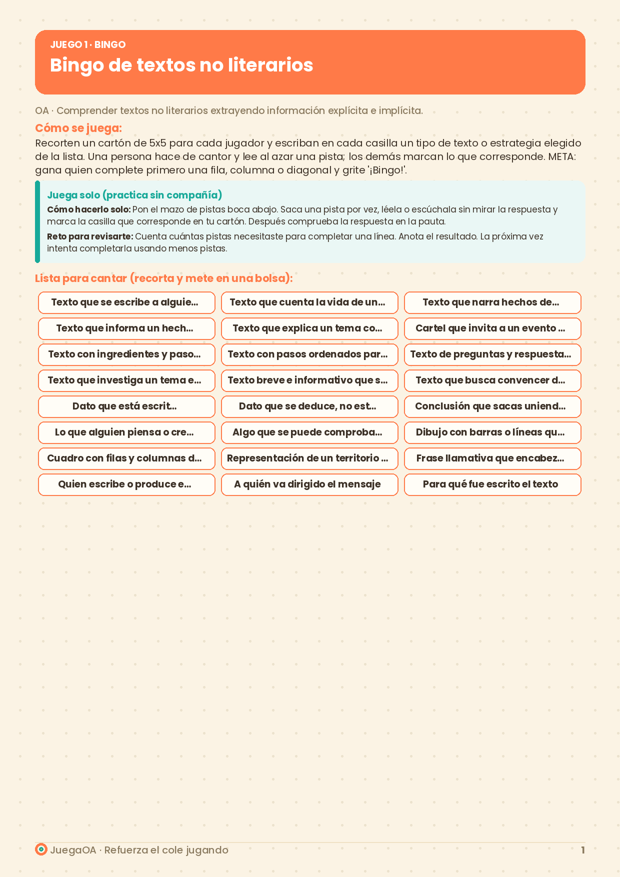 Bingo de textos no literarios