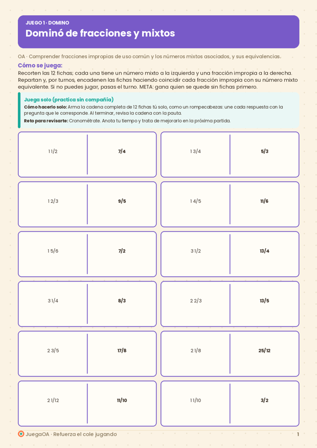 Dominó de fracciones y mixtos