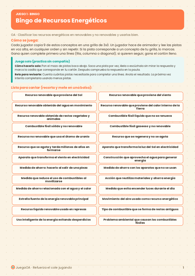 Bingo de Recursos Energéticos
