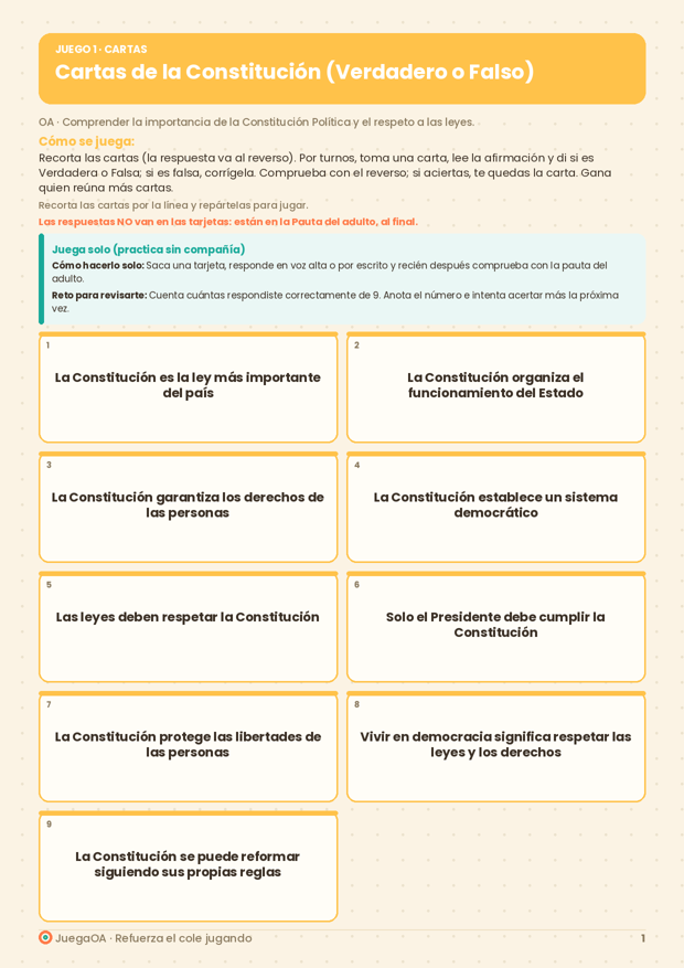 Cartas de la Constitución (Verdadero o Falso)