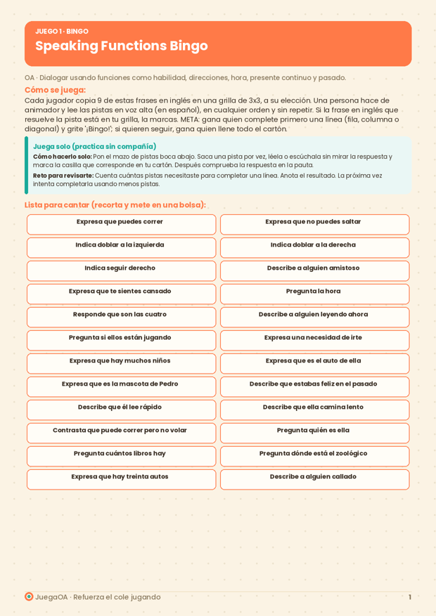 Speaking Functions Bingo