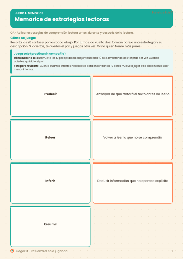 Memorice de estrategias lectoras