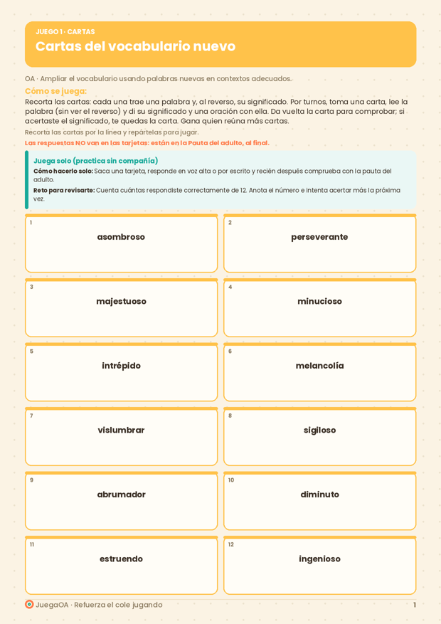 Cartas del vocabulario nuevo