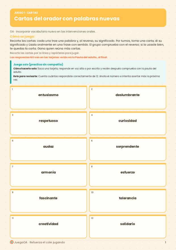Cartas del orador con palabras nuevas