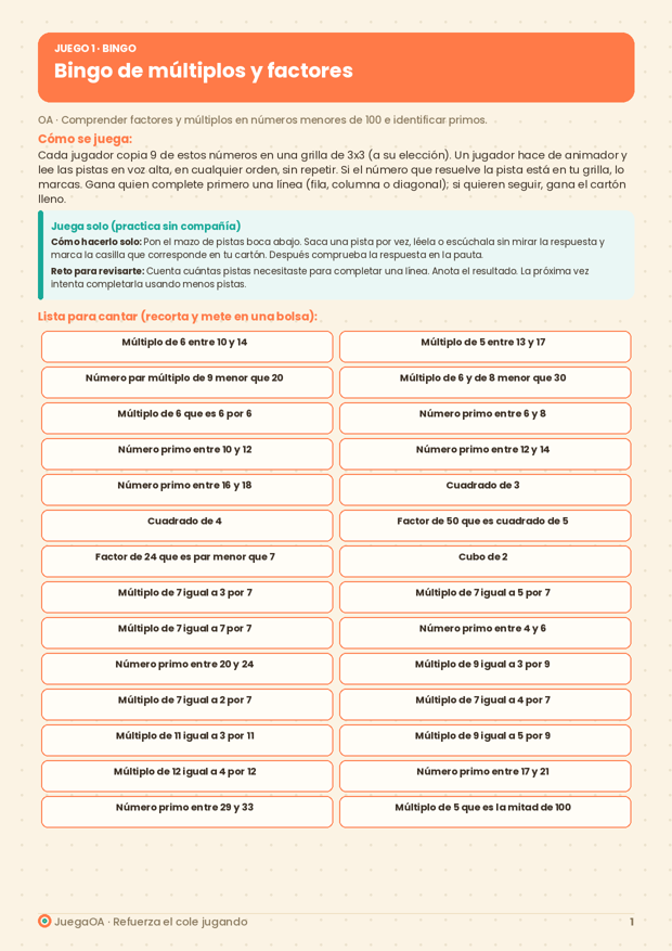 Bingo de múltiplos y factores