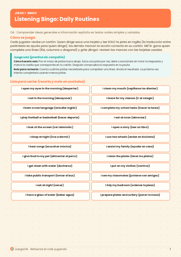 Listening Bingo: Daily Routines