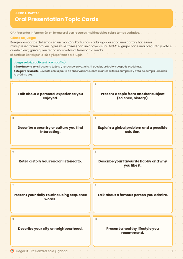 Oral Presentation Topic Cards