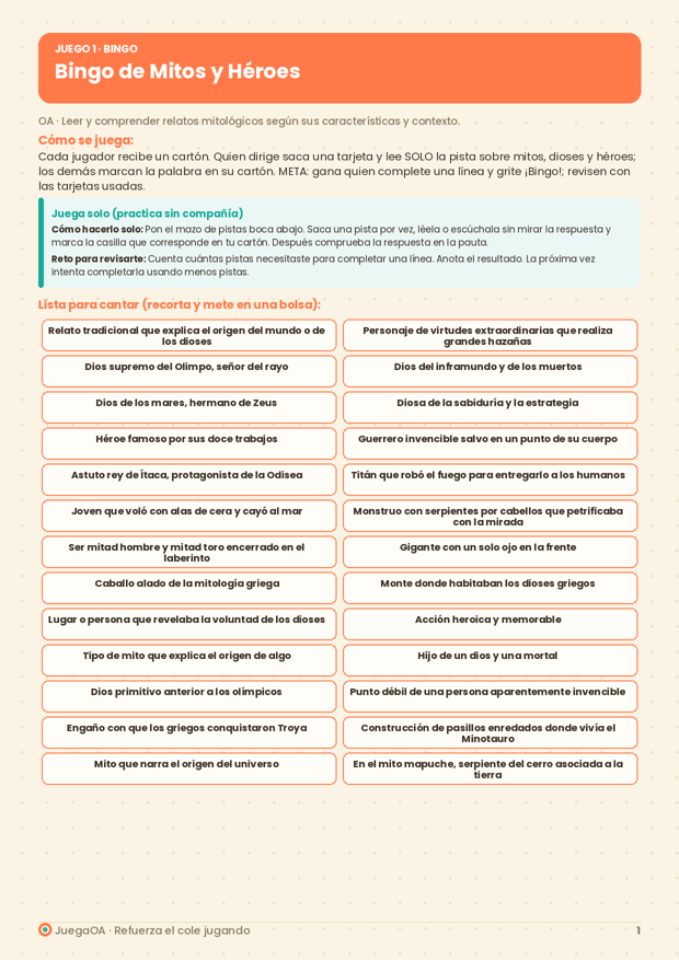Bingo de Mitos y Héroes