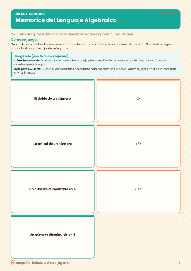 Memorice del Lenguaje Algebraico