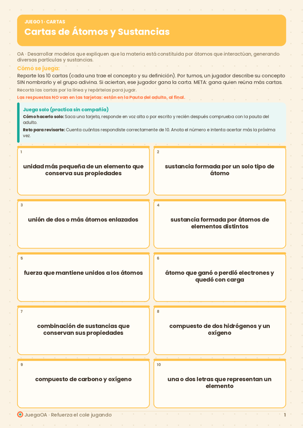 Cartas de Átomos y Sustancias