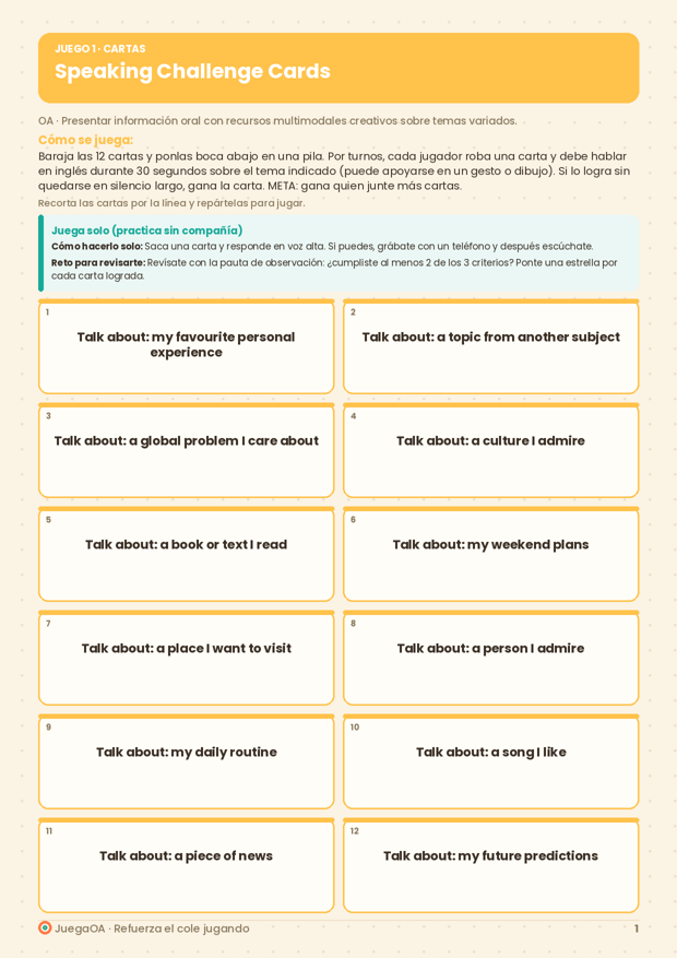 Speaking Challenge Cards