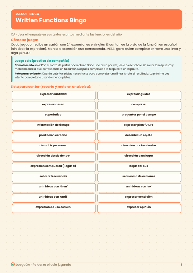 Written Functions Bingo