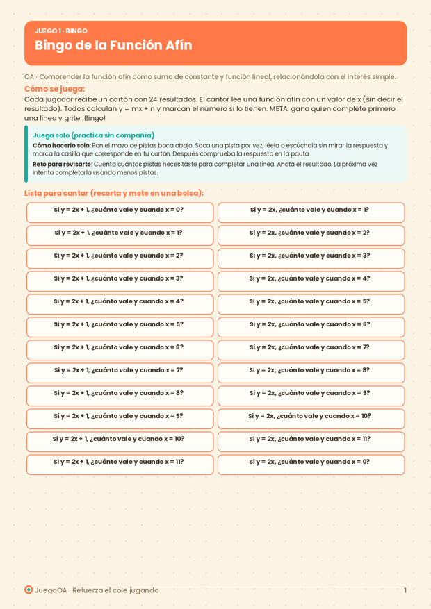 Bingo de la Función Afín